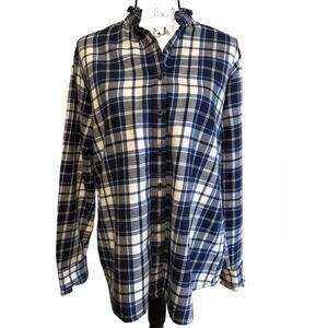 Lands' End Women's Blue and White Plaid Button-Up Blouse, Medium